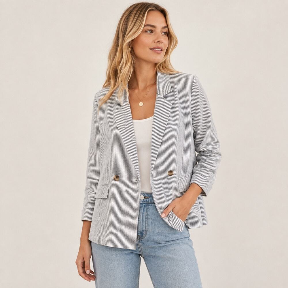 Old Navy Women's Striped Double Breasted Linen Blend Blazer Charcoal White XS